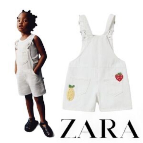Zara Kids Toddler White Denim Overalls with Fruit Embroidery Size 2-3 years Girl - Picture 1 of 3
